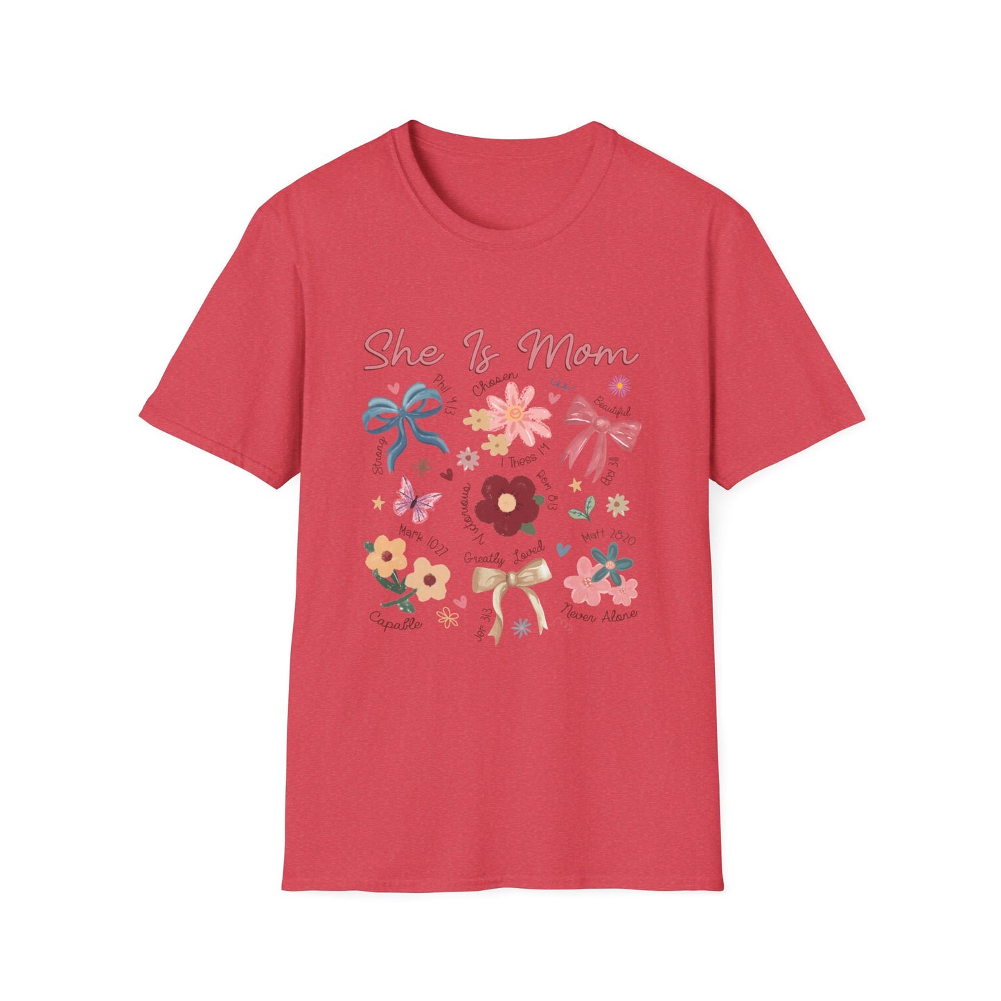Christian T-Shirt for Moms, Floral 'She Is Mom' Unisex Softstyle T-Shirt – Perfect Gift for Mother's Day