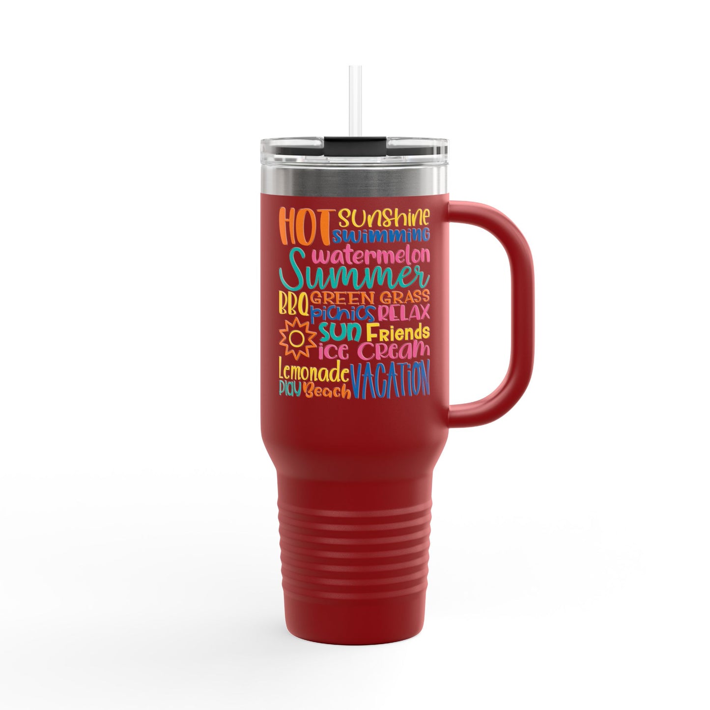 40oz Insulated Travel Mug – Colorful Summer Word Art, Vacation & Beach Tumbler