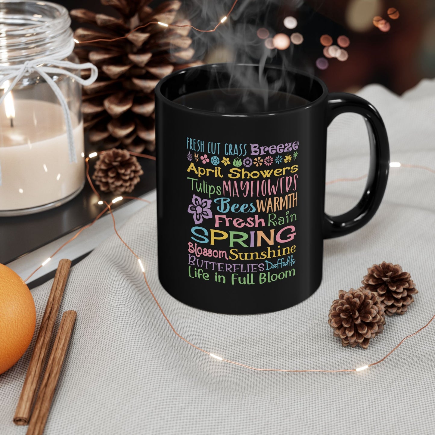 Spring Word Art Mug — Colorful Flowers, April Showers & Fresh Rain Design (11 & 15 oz)
