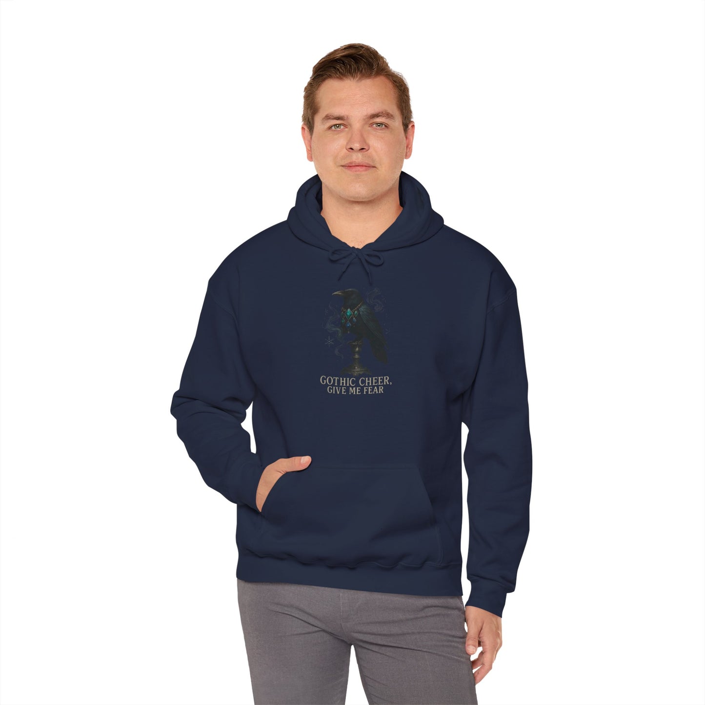 Raven Silhouette Hoodie — "Gothic Cheer, Give Me Fear" Graphic Pullover