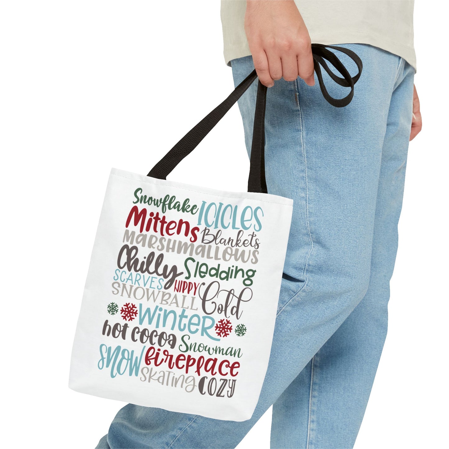 Winter Word Riot Tote Bag — Bold Typographic Holiday Tote