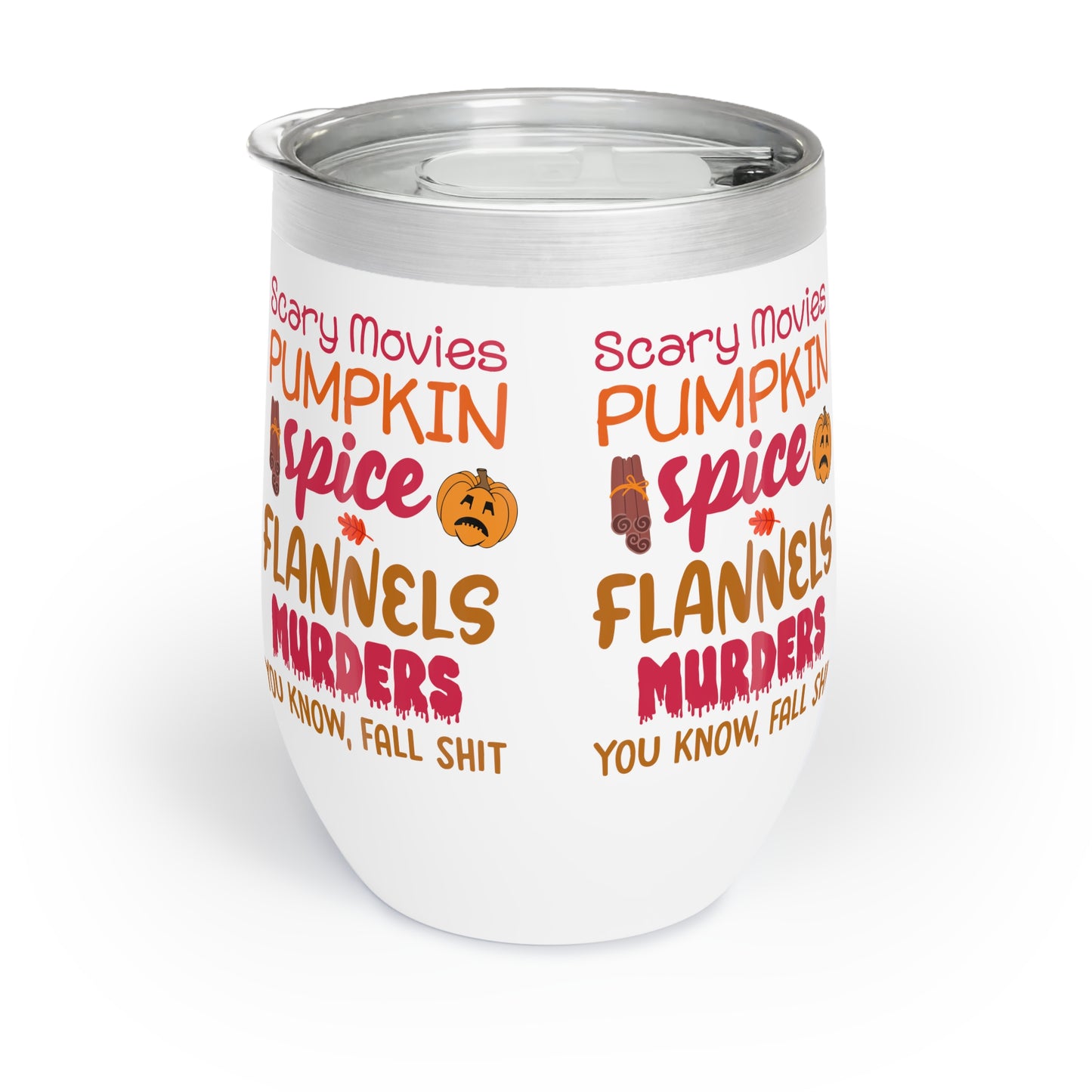 Fall Vibes Tumbler, Scary Movies Pumpkin Spice Wine Cup, Insulated Halloween Gift for Her, Cozy Autumn Lover