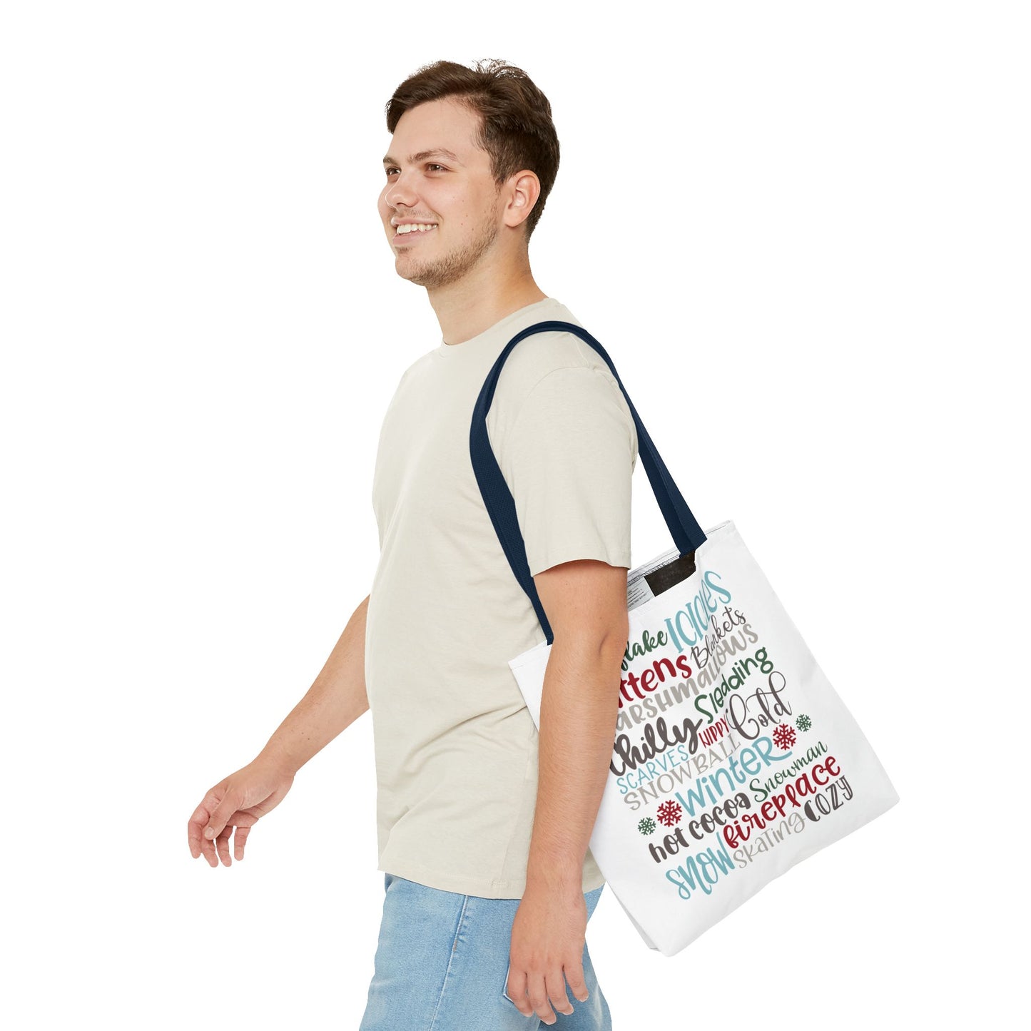 Winter Word Riot Tote Bag — Bold Typographic Holiday Tote