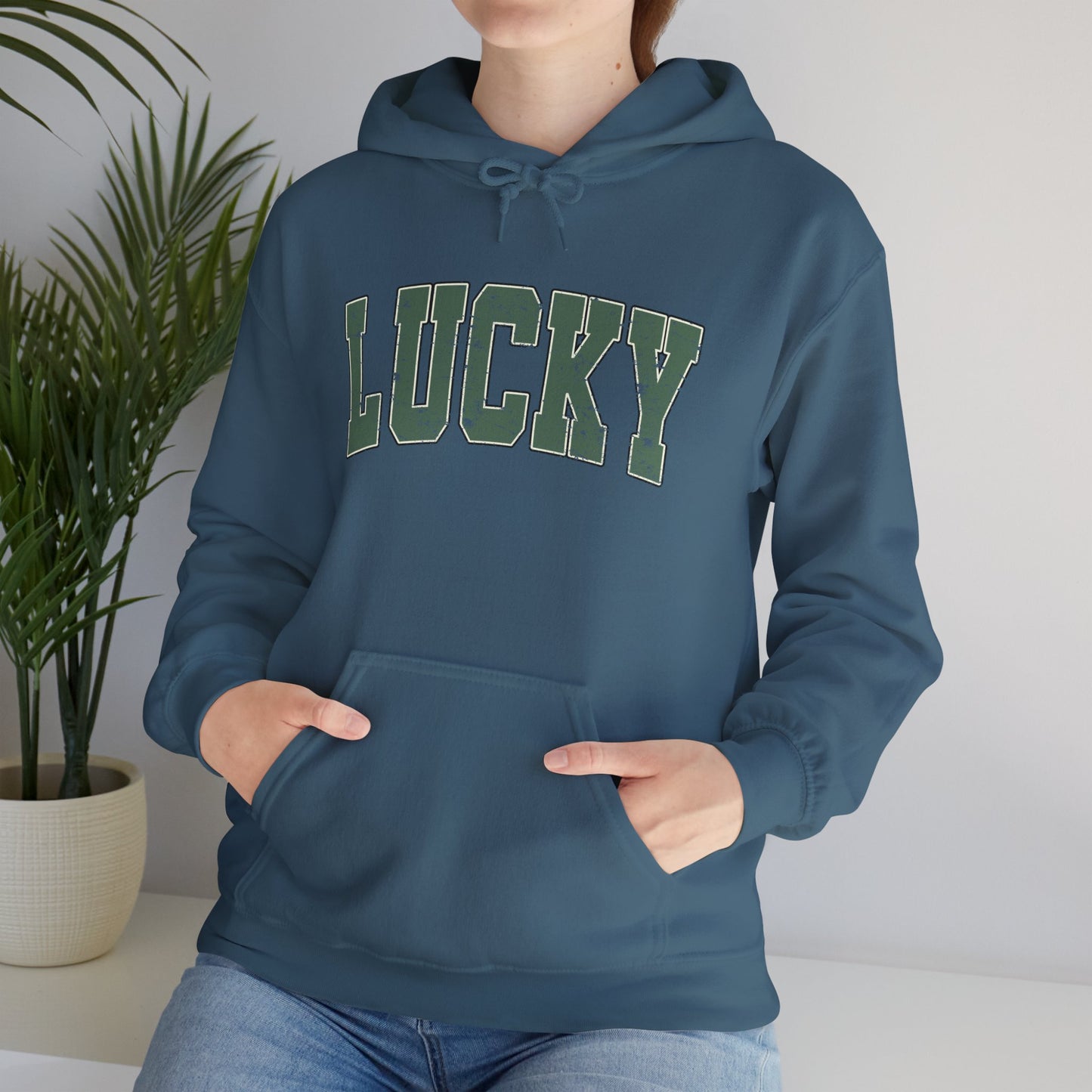 Lucky Distressed Hoodie — St. Patrick’s Day Green Vintage Lettering