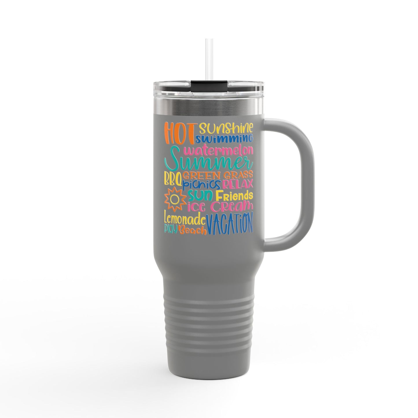 40oz Insulated Travel Mug – Colorful Summer Word Art, Vacation & Beach Tumbler
