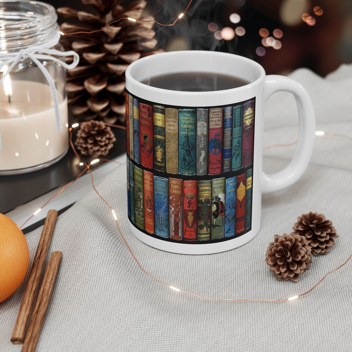 Booklover Ceramic Mug — Vintage Bookshelf Design (11oz & 15oz)