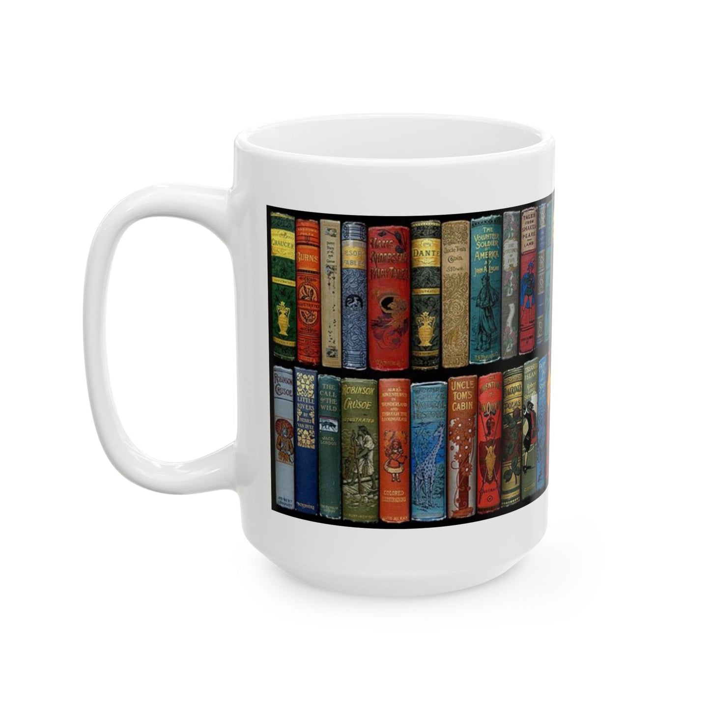 Booklover Ceramic Mug — Vintage Bookshelf Design (11oz & 15oz)