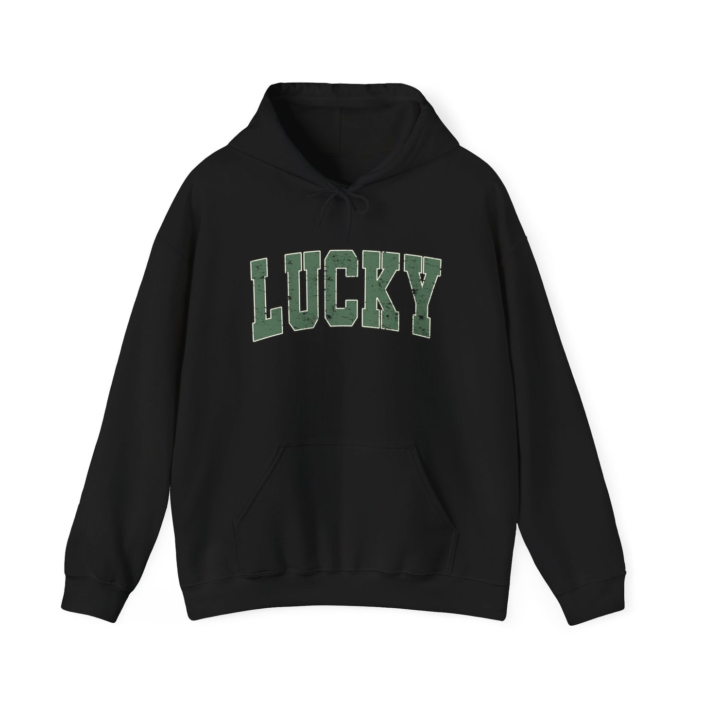 Lucky Distressed Hoodie — St. Patrick’s Day Green Vintage Lettering