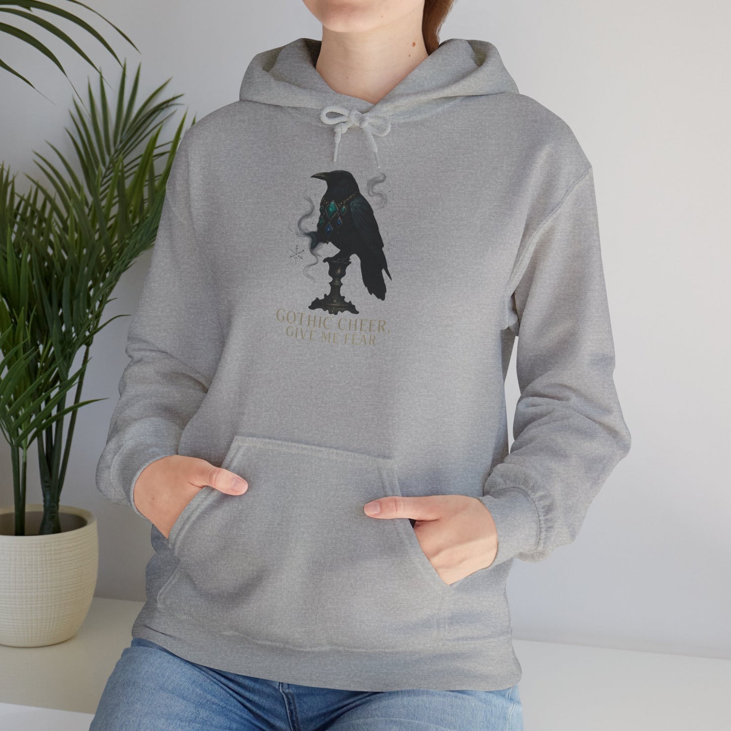 Raven Silhouette Hoodie — "Gothic Cheer, Give Me Fear" Graphic Pullover