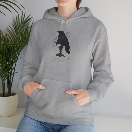 Raven Silhouette Hoodie — "Gothic Cheer, Give Me Fear" Graphic Pullover