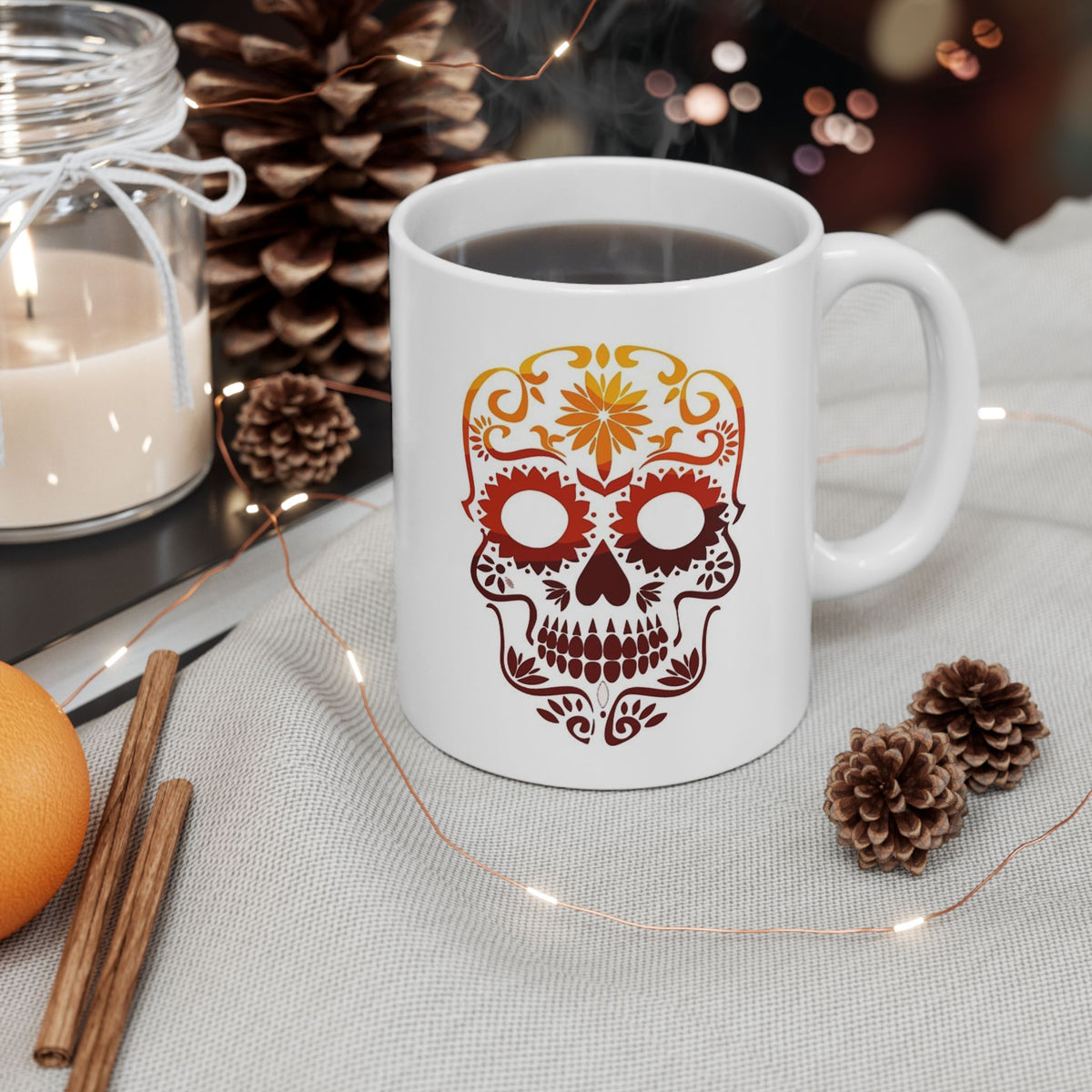 Sugar Skull Ceramic Mug – Day of the Dead Floral Skull Coffee Cup (11oz, 15oz)