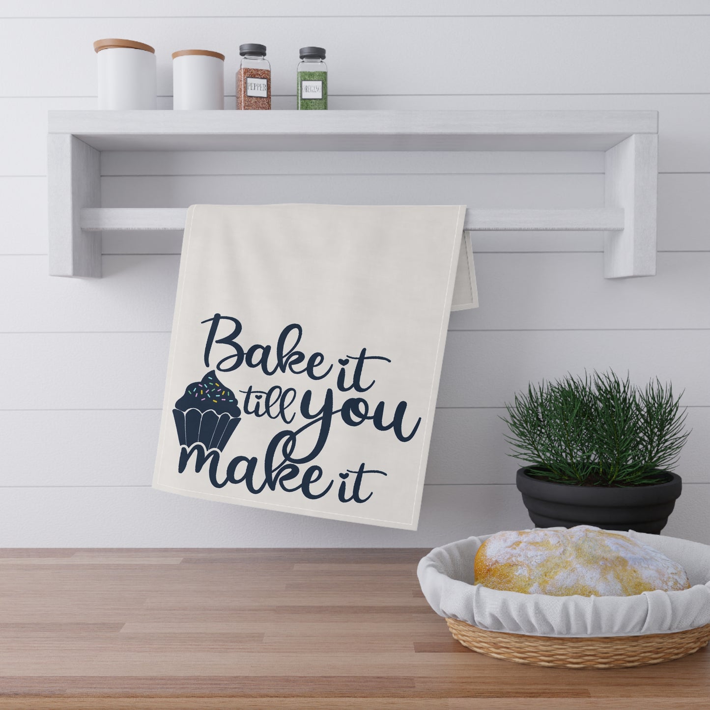 Bake It Till You Make It Kitchen Towel - Blue on White