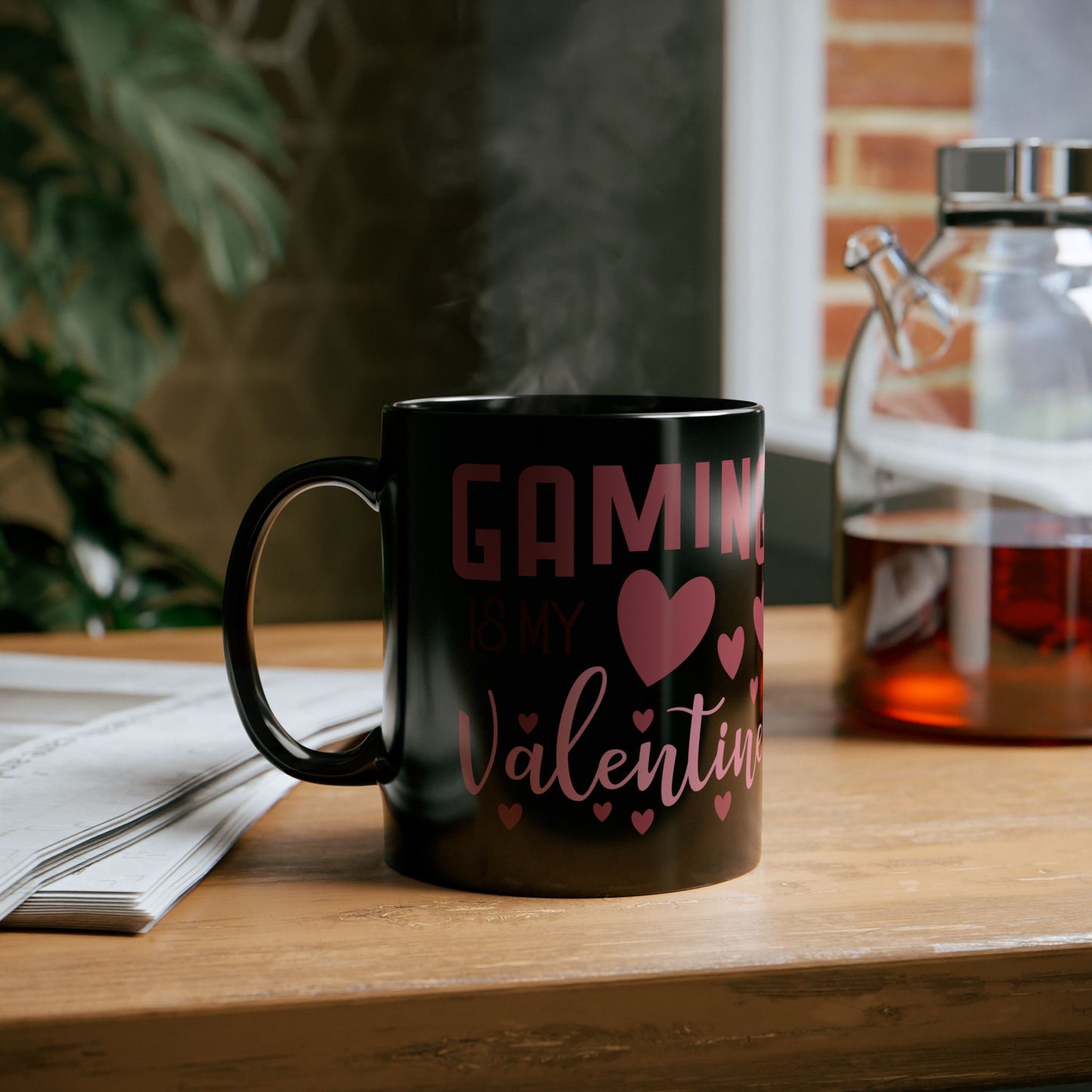 Gaming Game is My Valentine Black Ceramic Coffee Cup, Cute Gamer Valentine Gift (11oz/15oz)