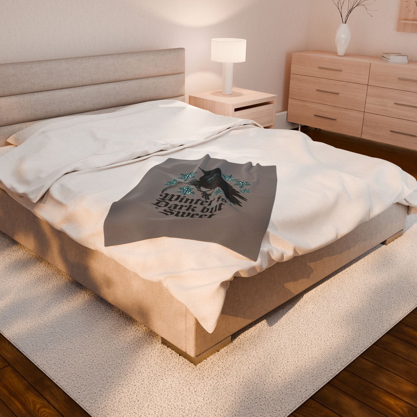 Velveteen Blanket - 'Winter is Dark but Sweet' Raven Snowflake Plush Throw