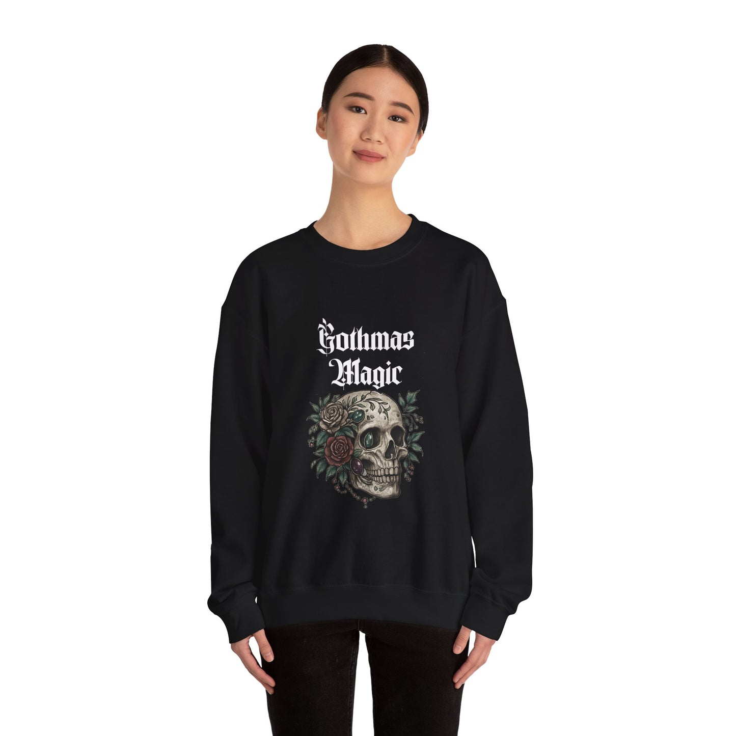 Crewneck Sweatshirt — Gothmas Magic Skull & Roses Holiday Gothic Pullover
