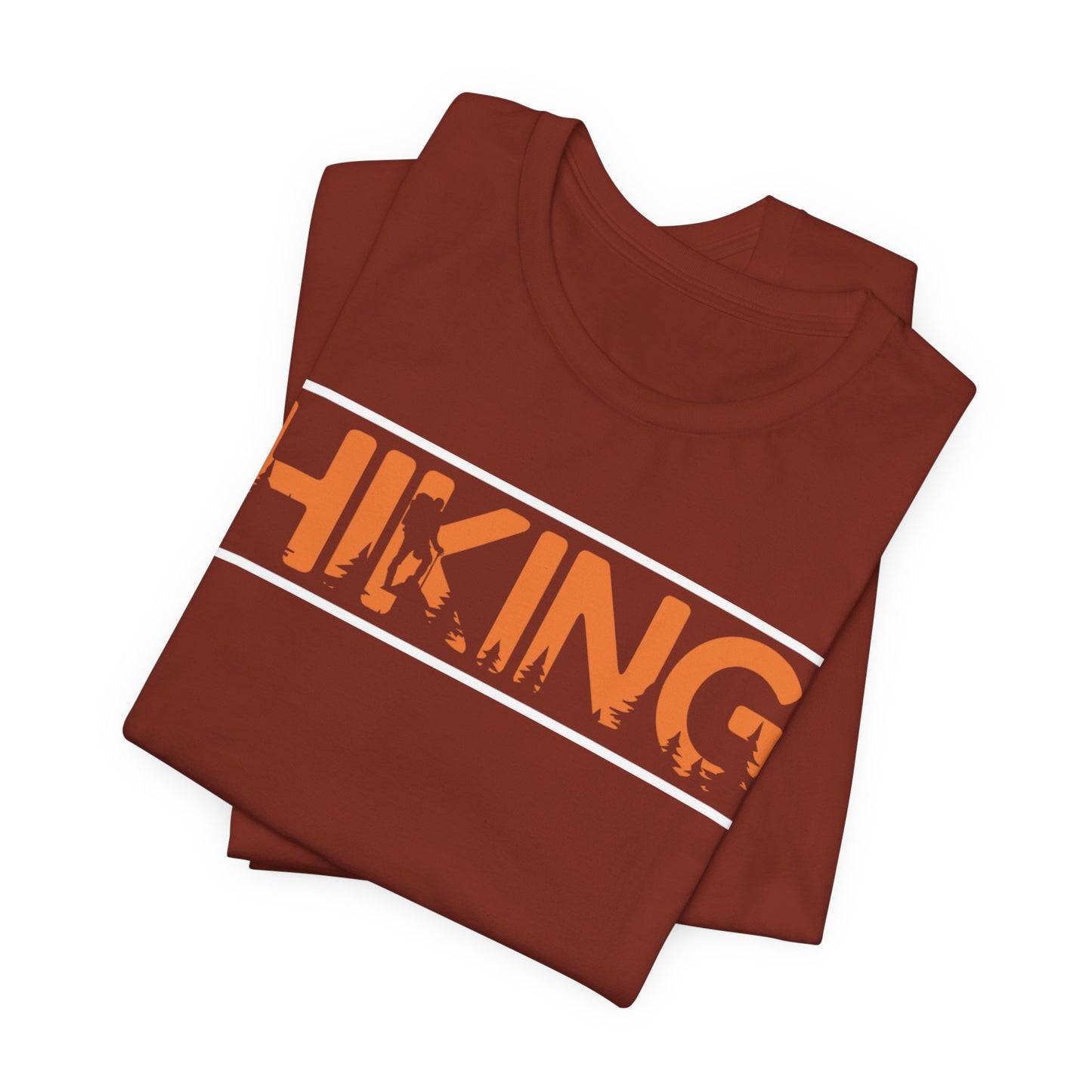 Hiking Graphic Tee — Bold Orange "HIKING" Logo T-Shirt for Outdoor Lovers