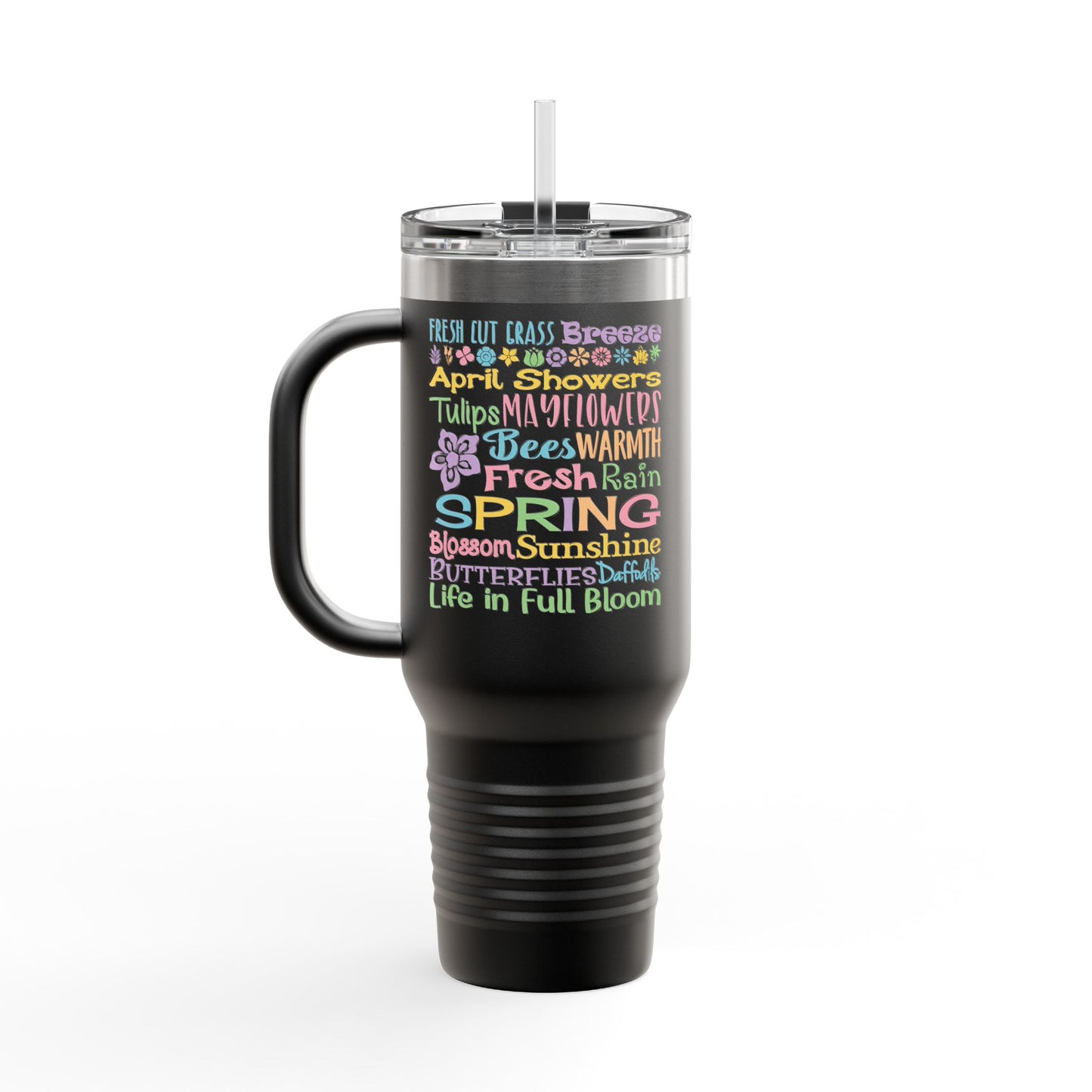 40oz Insulated Travel Mug – Colorful Summer Word Art, Vacation & Beach Tumbler