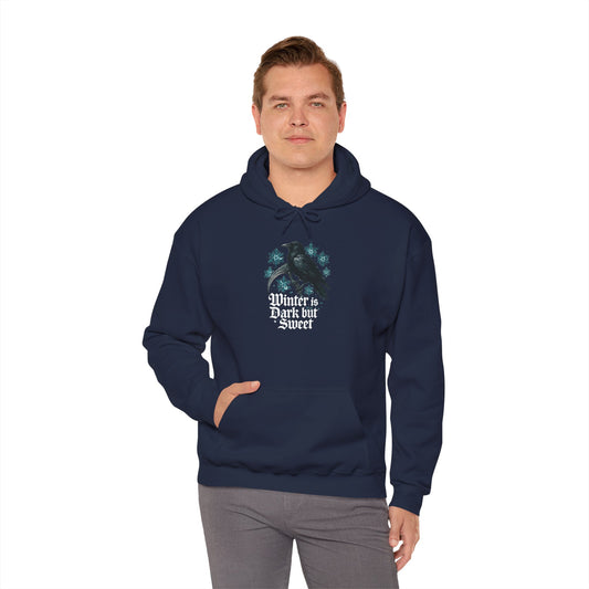 Winter Is Dark But Sweet Hoodie — Raven & Snowflake Graphic Hooded Sweatshirt