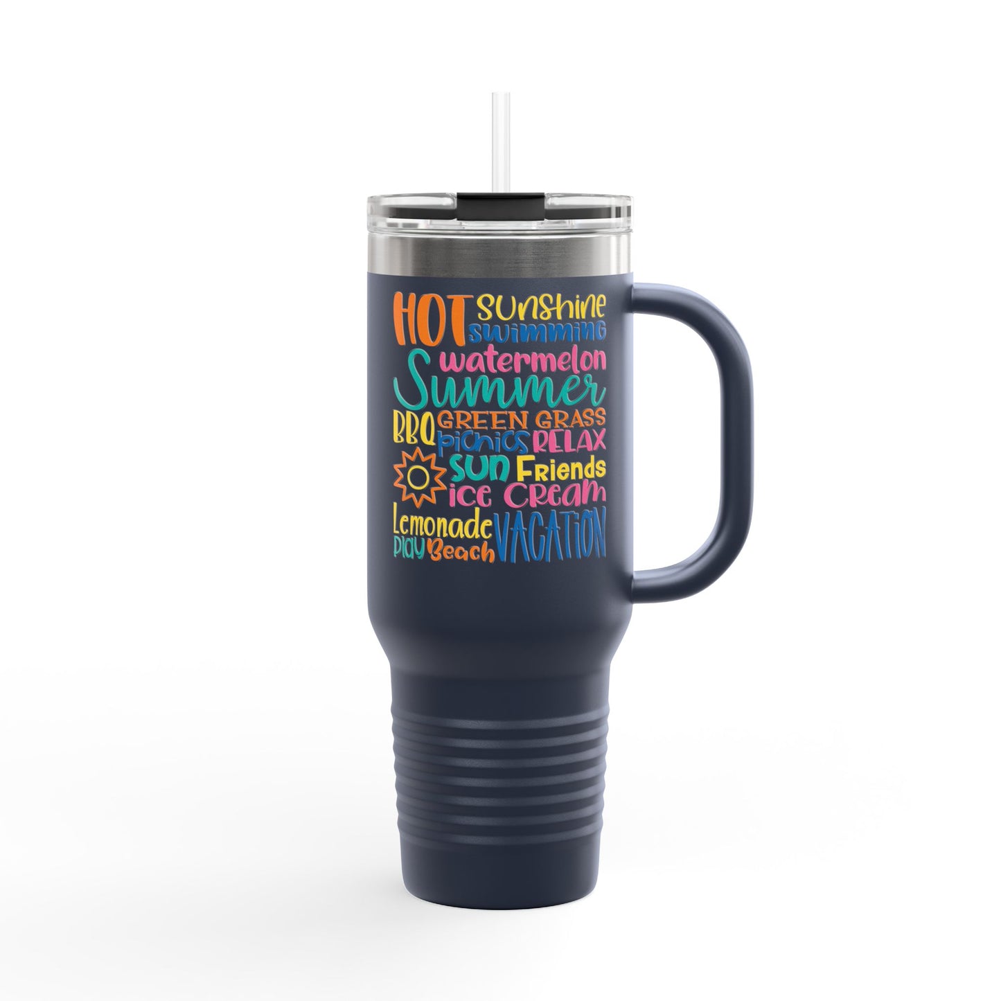 40oz Insulated Travel Mug – Colorful Summer Word Art, Vacation & Beach Tumbler