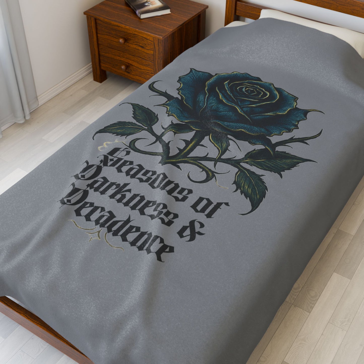 Velveteen Plush Blanket — Gothic Blue Rose “Seasons of Darkness & Decadence” Cozy Throw