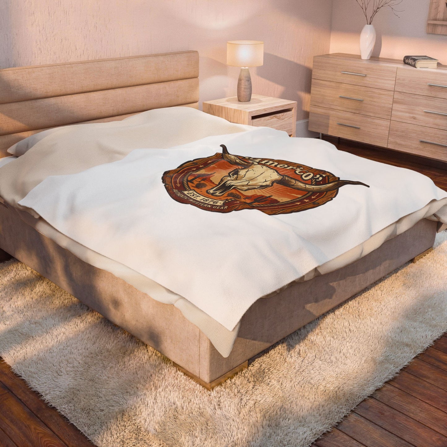 Western skull emblem Velveteen Plush Blanket | Americana, vintage desert tones