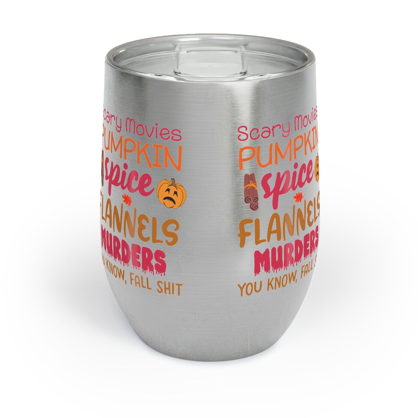Fall Vibes Tumbler, Scary Movies Pumpkin Spice Wine Cup, Insulated Halloween Gift for Her, Cozy Autumn Lover