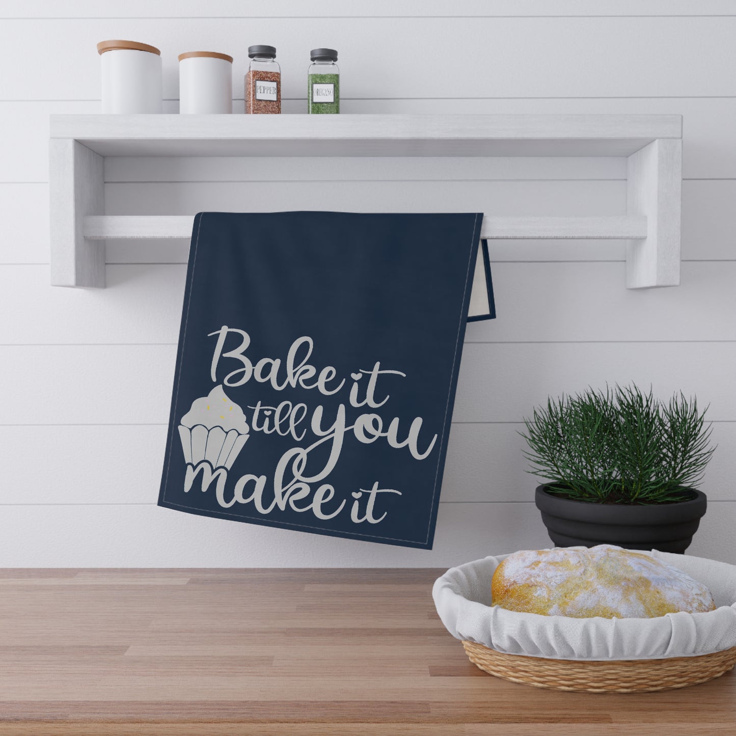 Bake It Till You Make It Kitchen Towel - Gray on Blue