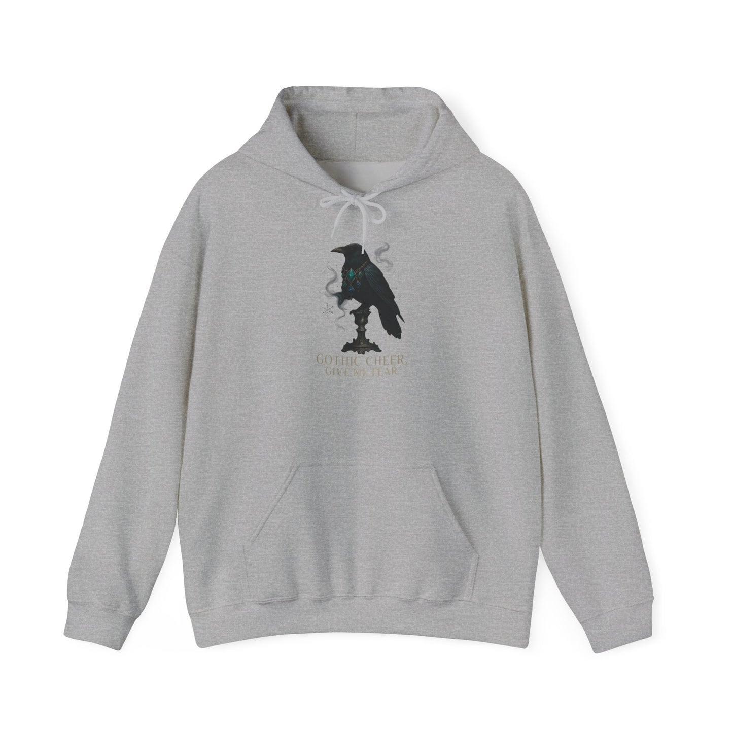Raven Silhouette Hoodie — "Gothic Cheer, Give Me Fear" Graphic Pullover