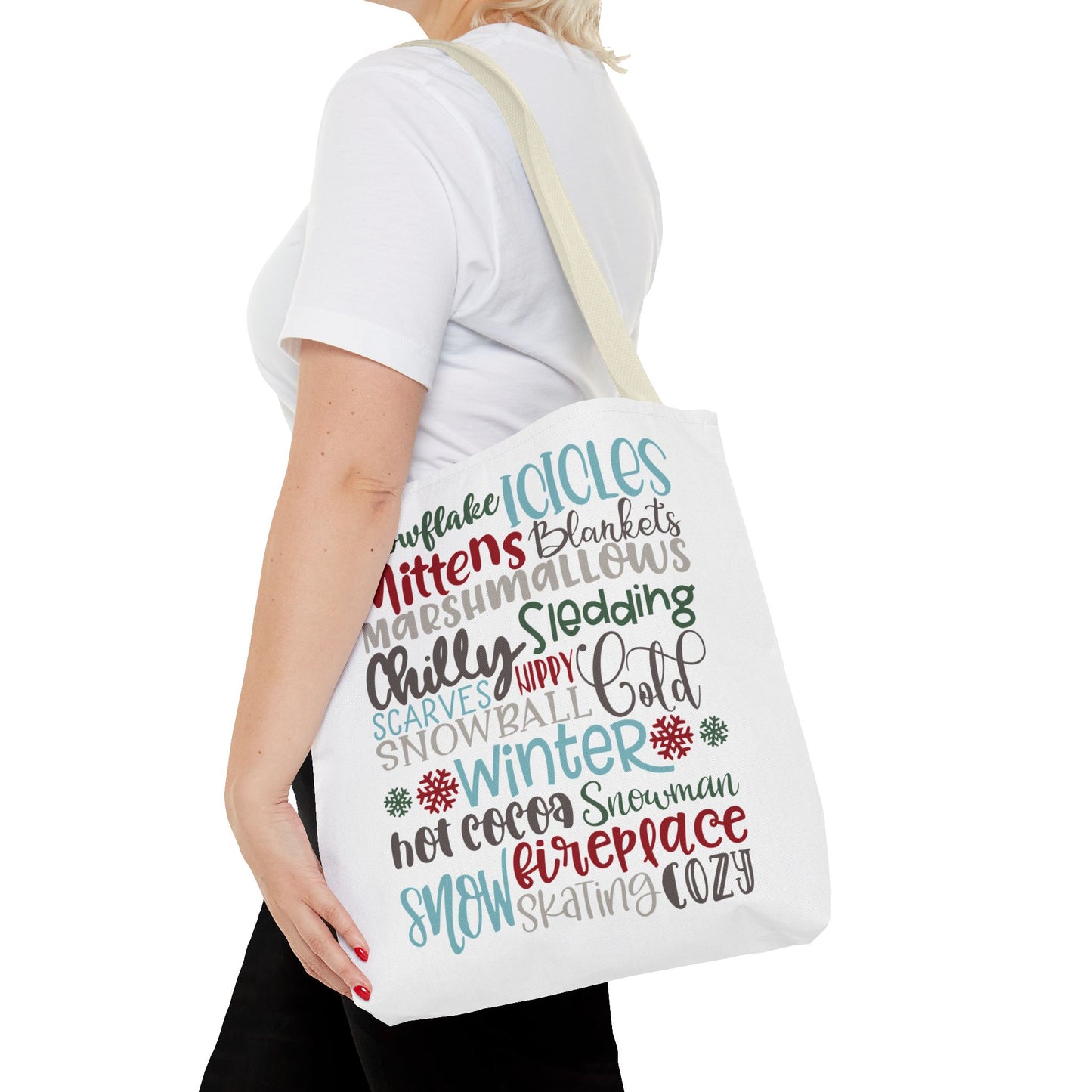 Winter Word Riot Tote Bag — Bold Typographic Holiday Tote