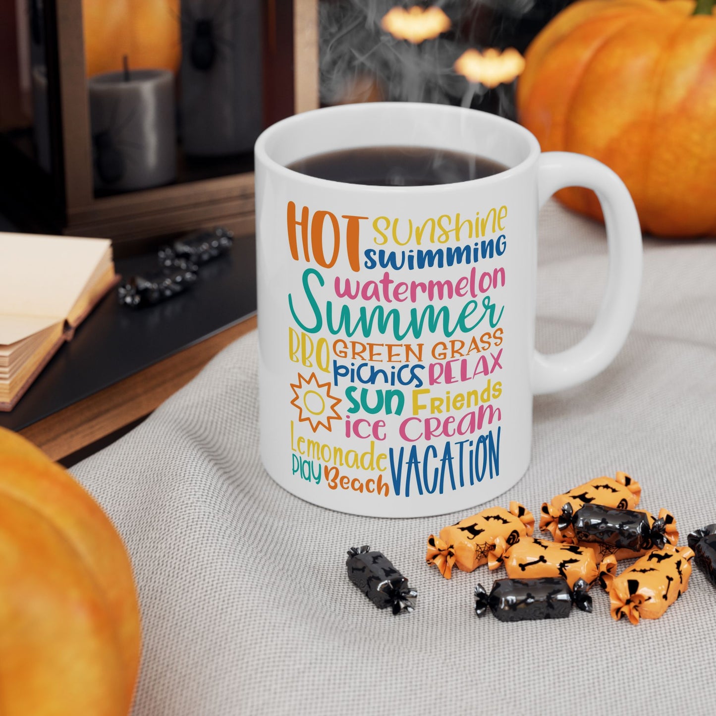 Hot Fun in the Summer Ceramic Mug — Colorful Summer Vibes Coffee Cup (11oz/15oz)