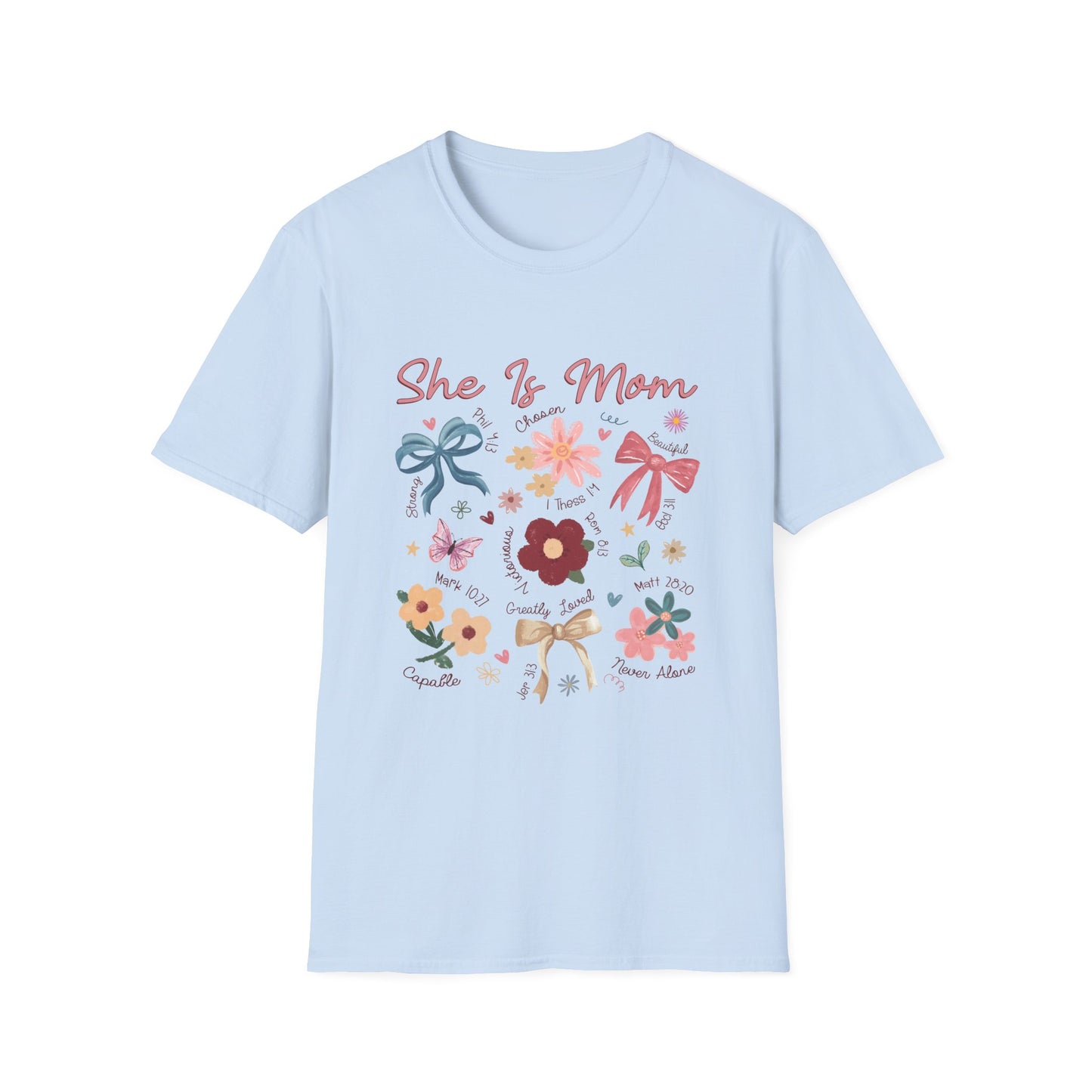 Christian T-Shirt for Moms, Floral 'She Is Mom' Unisex Softstyle T-Shirt – Perfect Gift for Mother's Day