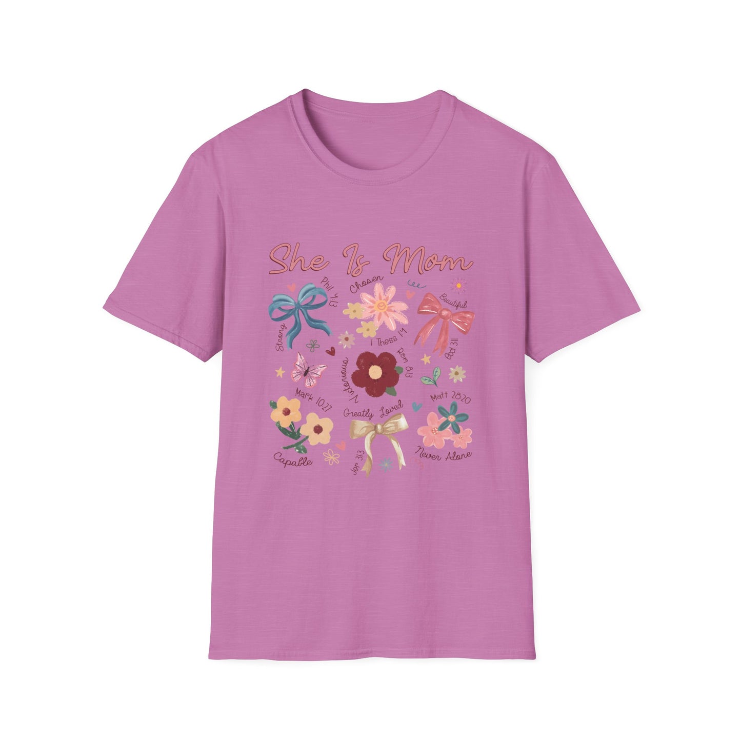 Christian T-Shirt for Moms, Floral 'She Is Mom' Unisex Softstyle T-Shirt – Perfect Gift for Mother's Day