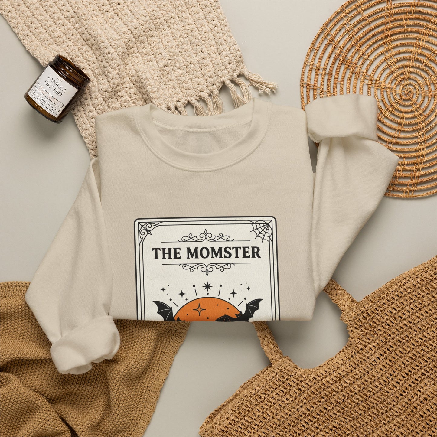 Momster Halloween Crest Crewneck Sweatshirt | bats, pumpkin, gothic vintage
