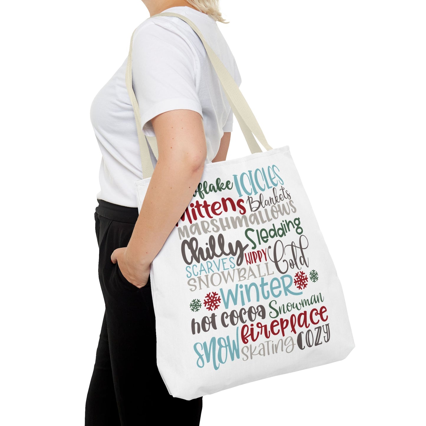 Winter Word Riot Tote Bag — Bold Typographic Holiday Tote