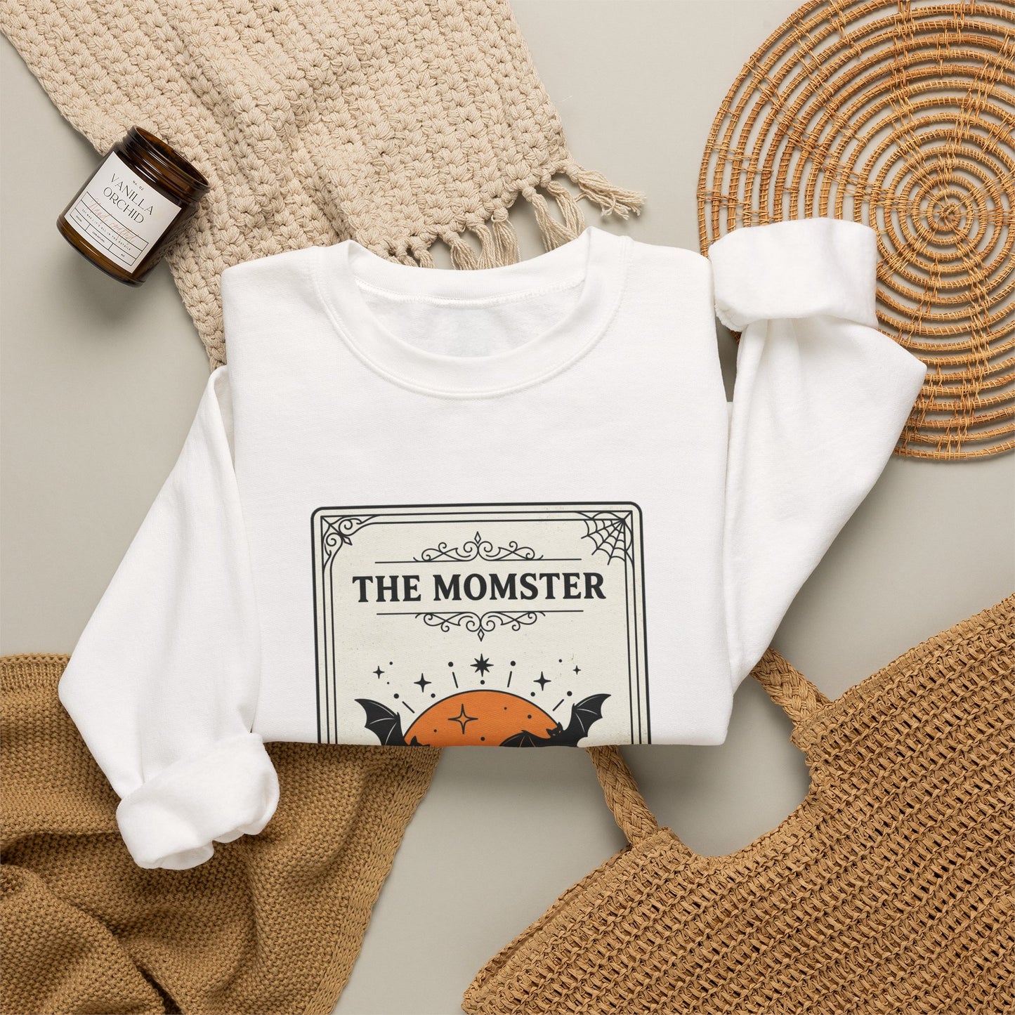 Momster Halloween Crest Crewneck Sweatshirt | bats, pumpkin, gothic vintage