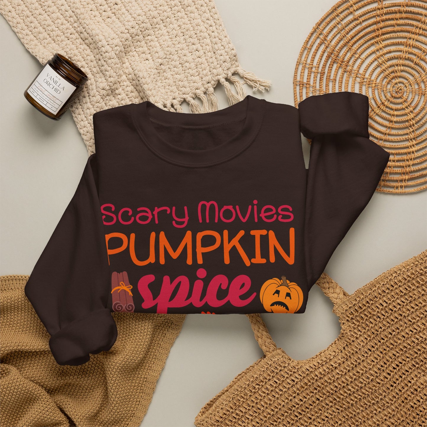 Fall Vibes Sweatshirt — "Scary Movies Pumpkin Spice Flannels Murders" Cozy Crewneck