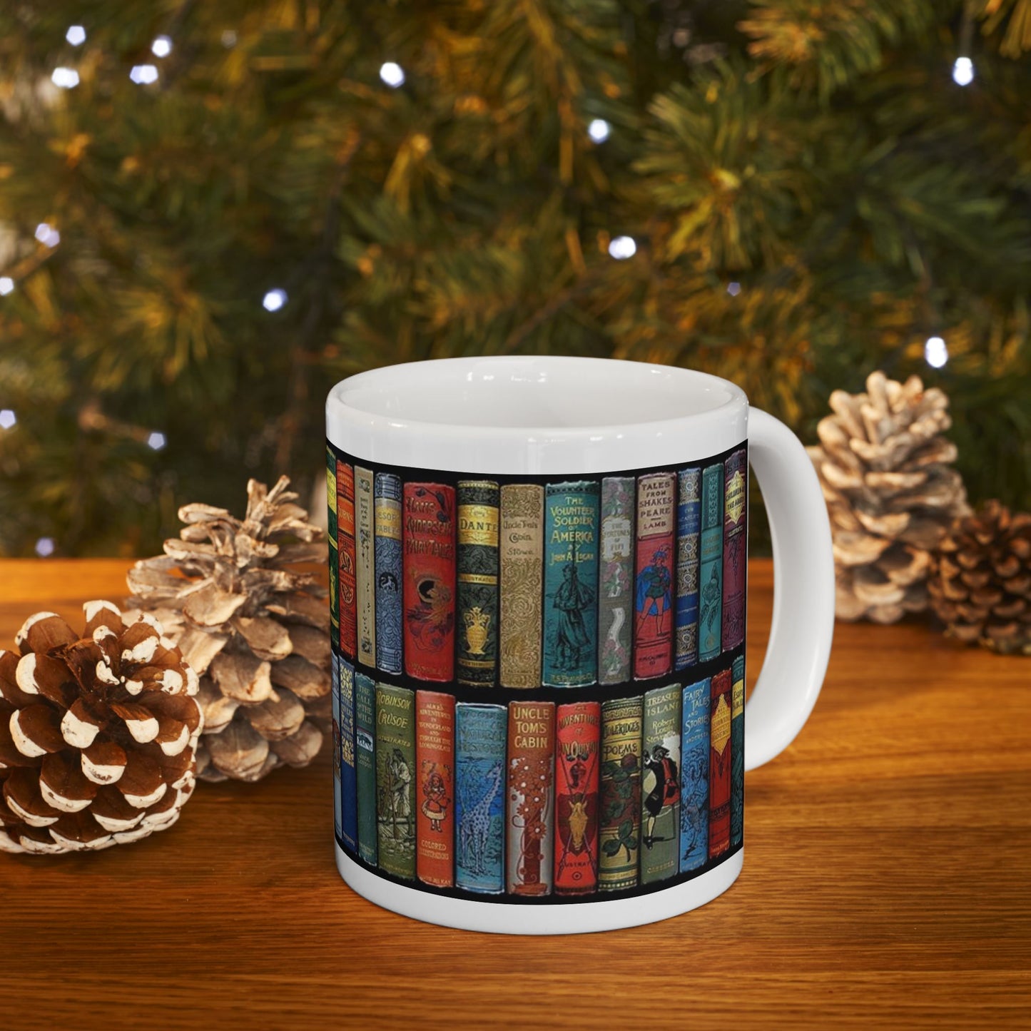 Booklover Ceramic Mug — Vintage Bookshelf Design (11oz & 15oz)