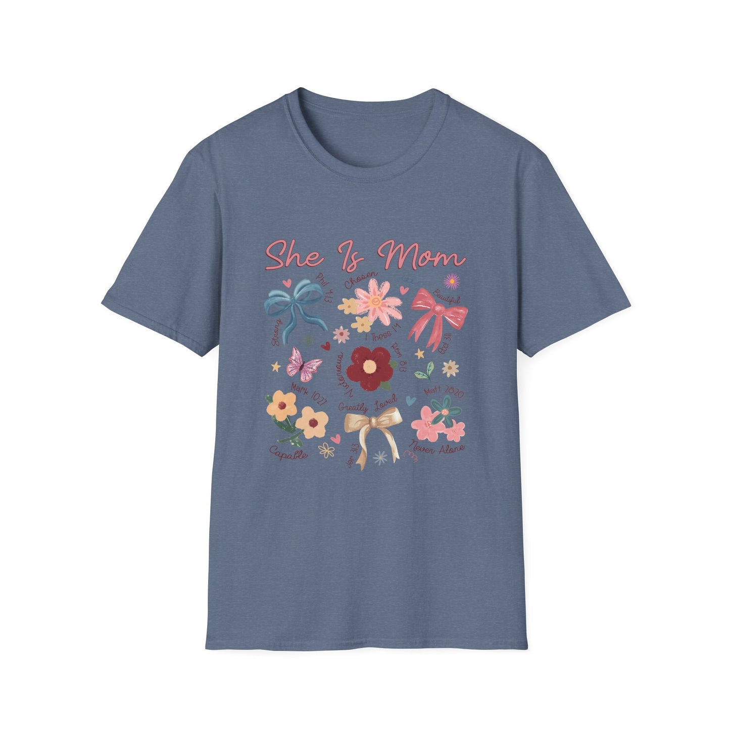 Christian T-Shirt for Moms, Floral 'She Is Mom' Unisex Softstyle T-Shirt – Perfect Gift for Mother's Day