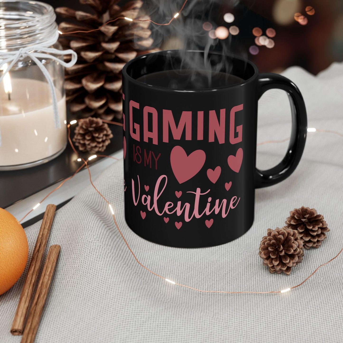 Gaming Game is My Valentine Black Ceramic Coffee Cup, Cute Gamer Valentine Gift (11oz/15oz)