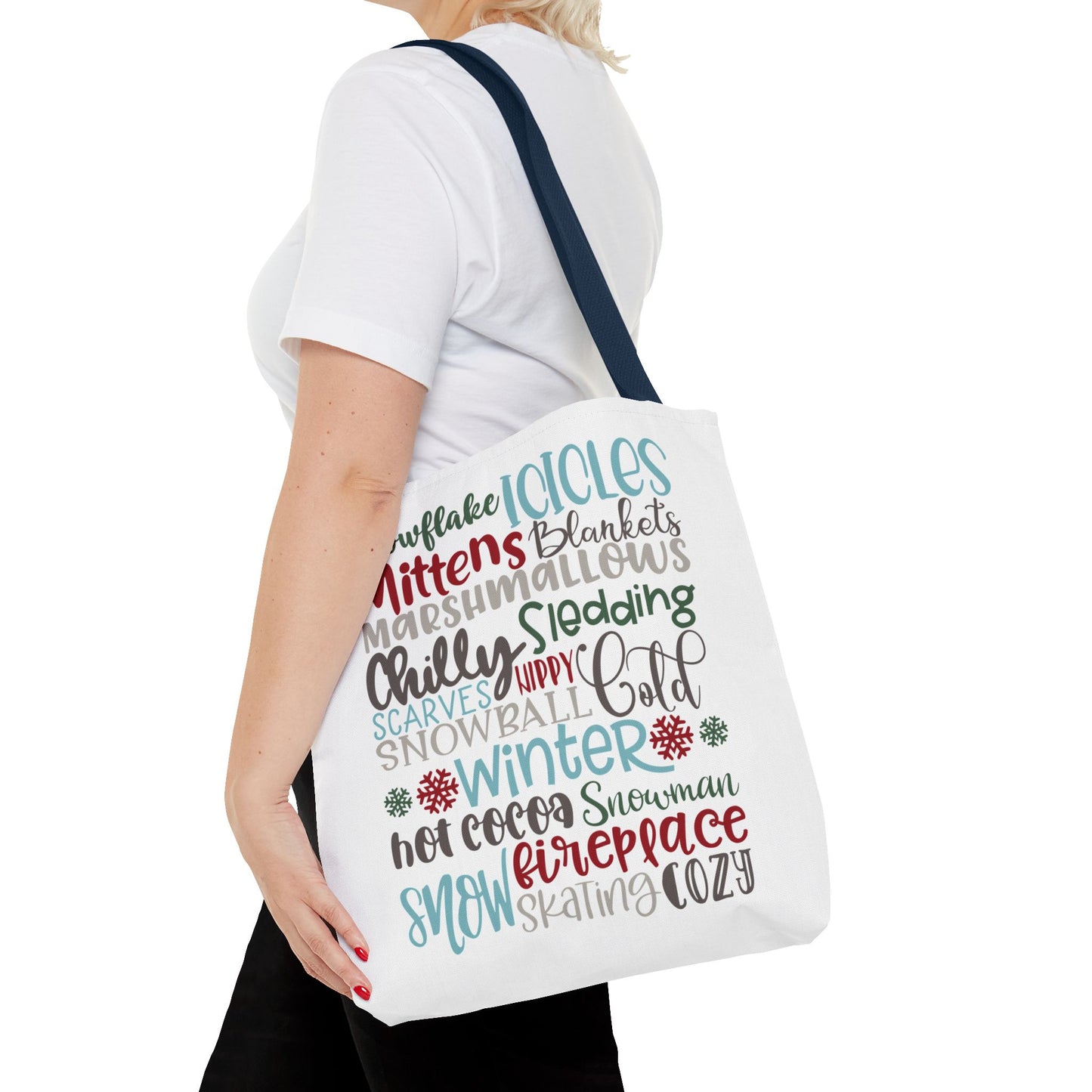 Winter Word Riot Tote Bag — Bold Typographic Holiday Tote