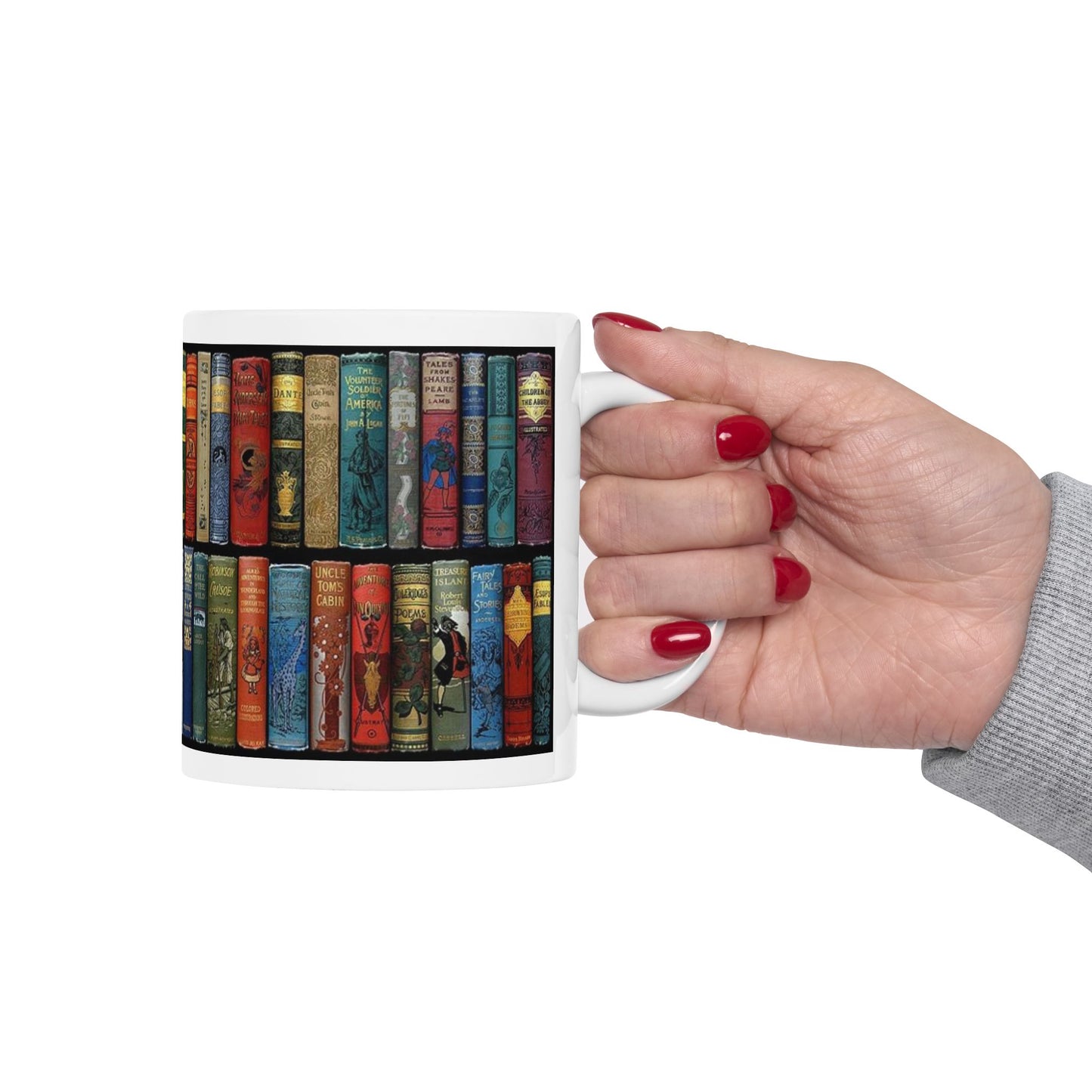 Booklover Ceramic Mug — Vintage Bookshelf Design (11oz & 15oz)