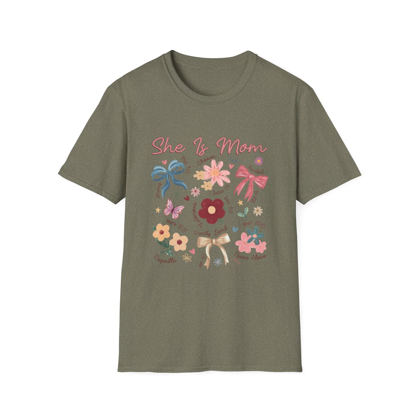 Christian T-Shirt for Moms, Floral 'She Is Mom' Unisex Softstyle T-Shirt – Perfect Gift for Mother's Day