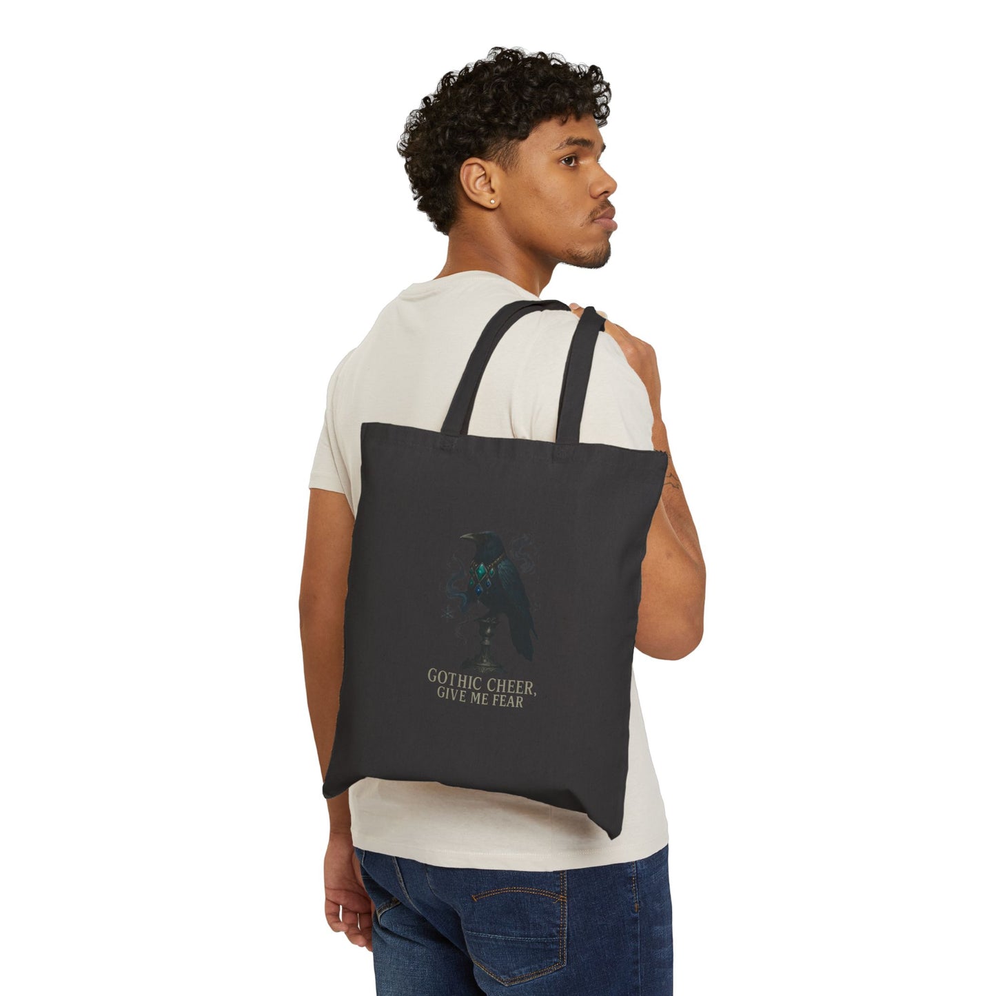 Gothic Crow Tote Bag - "Gothic Cheer Give Me Fear" Cotton Canvas Tote