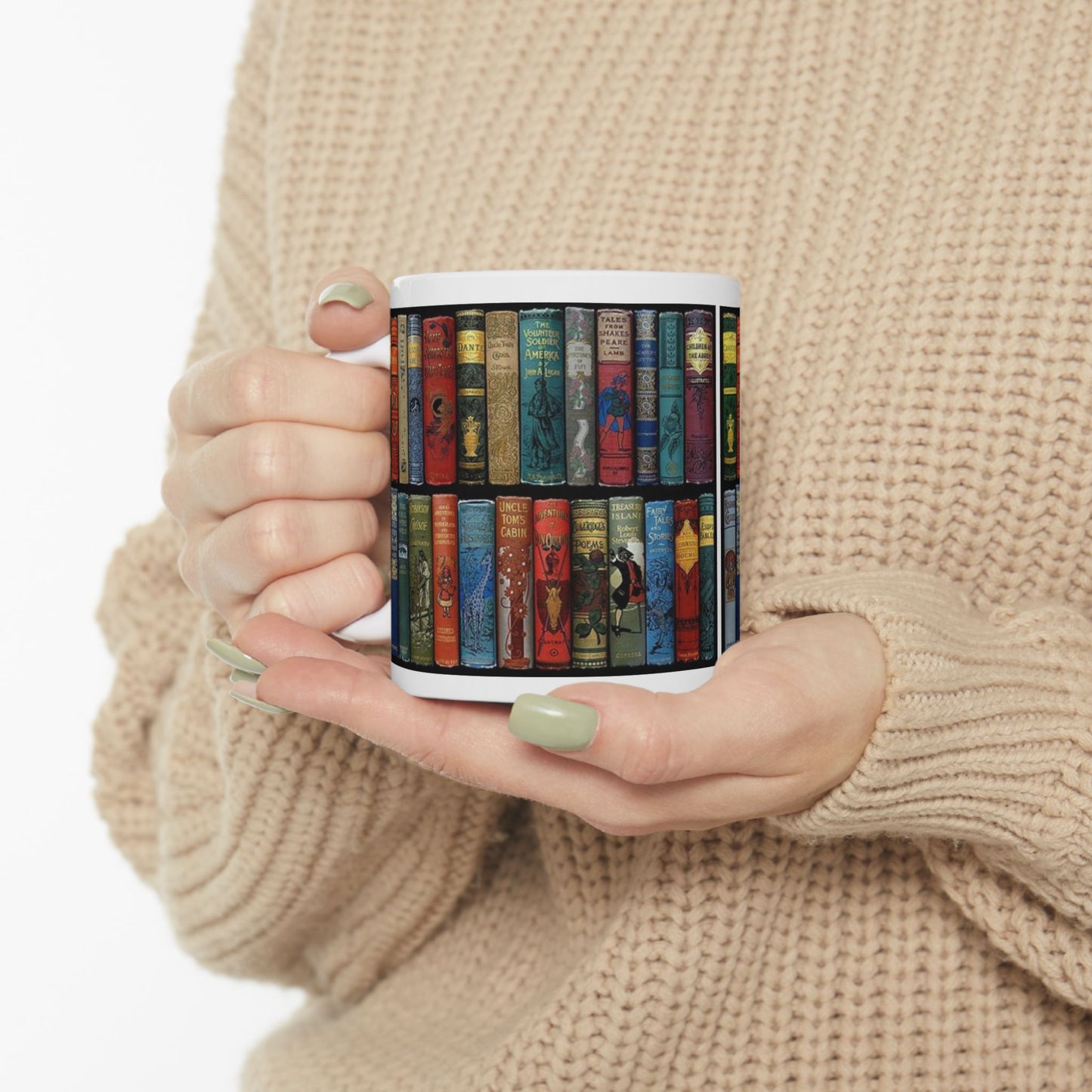 Booklover Ceramic Mug — Vintage Bookshelf Design (11oz & 15oz)