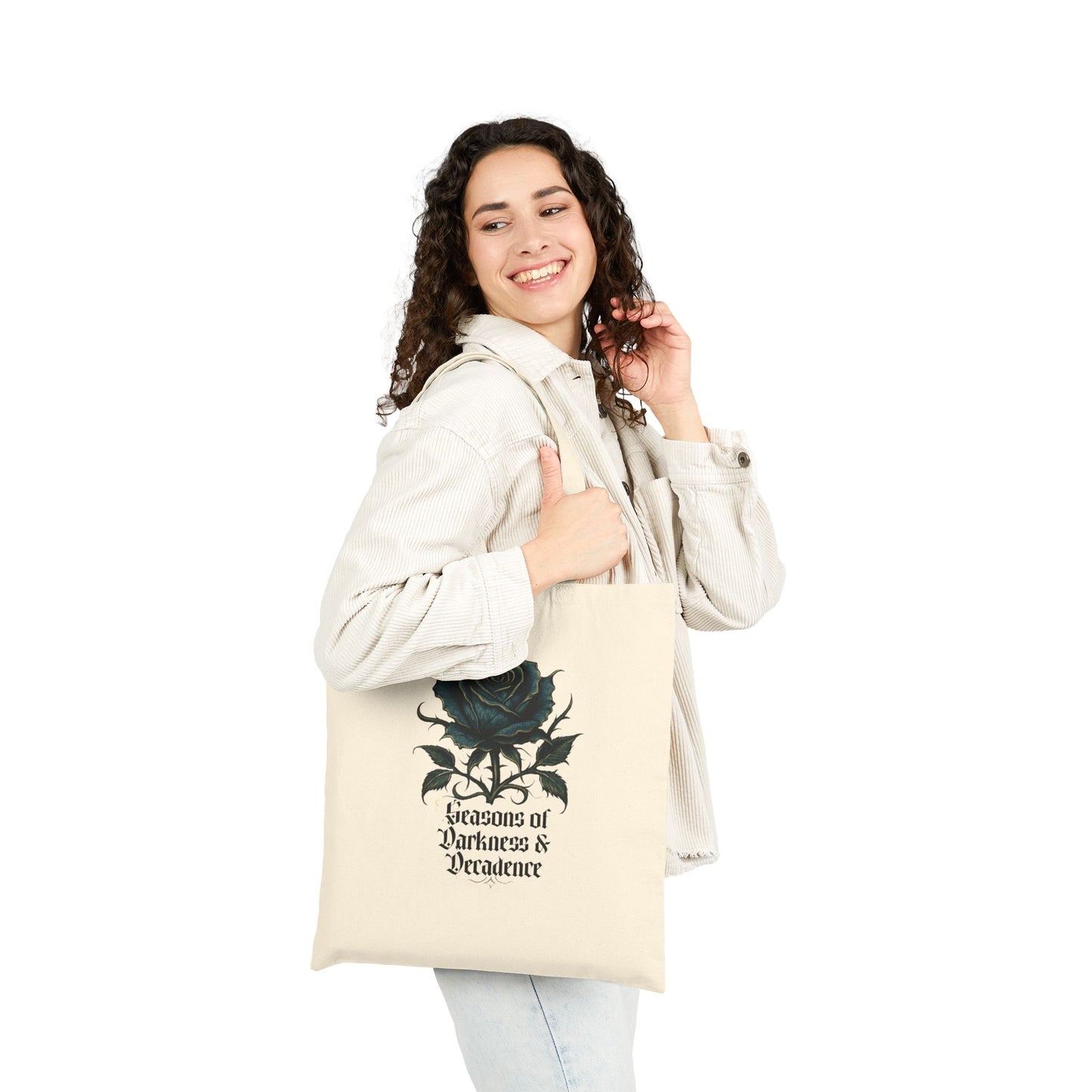 Rose Graphic Tote Bag — "Seasons of Darkness & Decadence" Cotton Canvas Market Tote