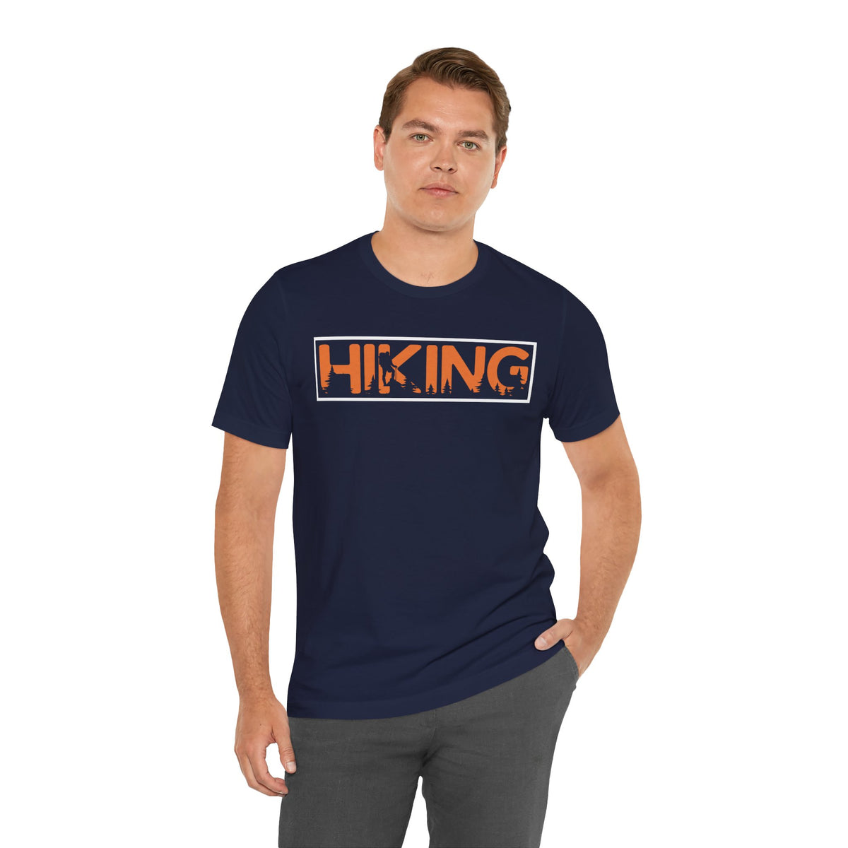 Hiking Graphic Tee — Bold Orange "HIKING" Logo T-Shirt for Outdoor Lovers