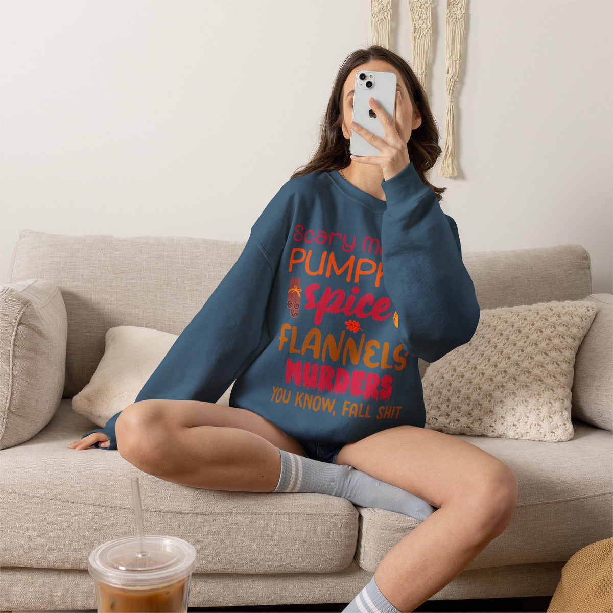 Fall Vibes Sweatshirt — "Scary Movies Pumpkin Spice Flannels Murders" Cozy Crewneck