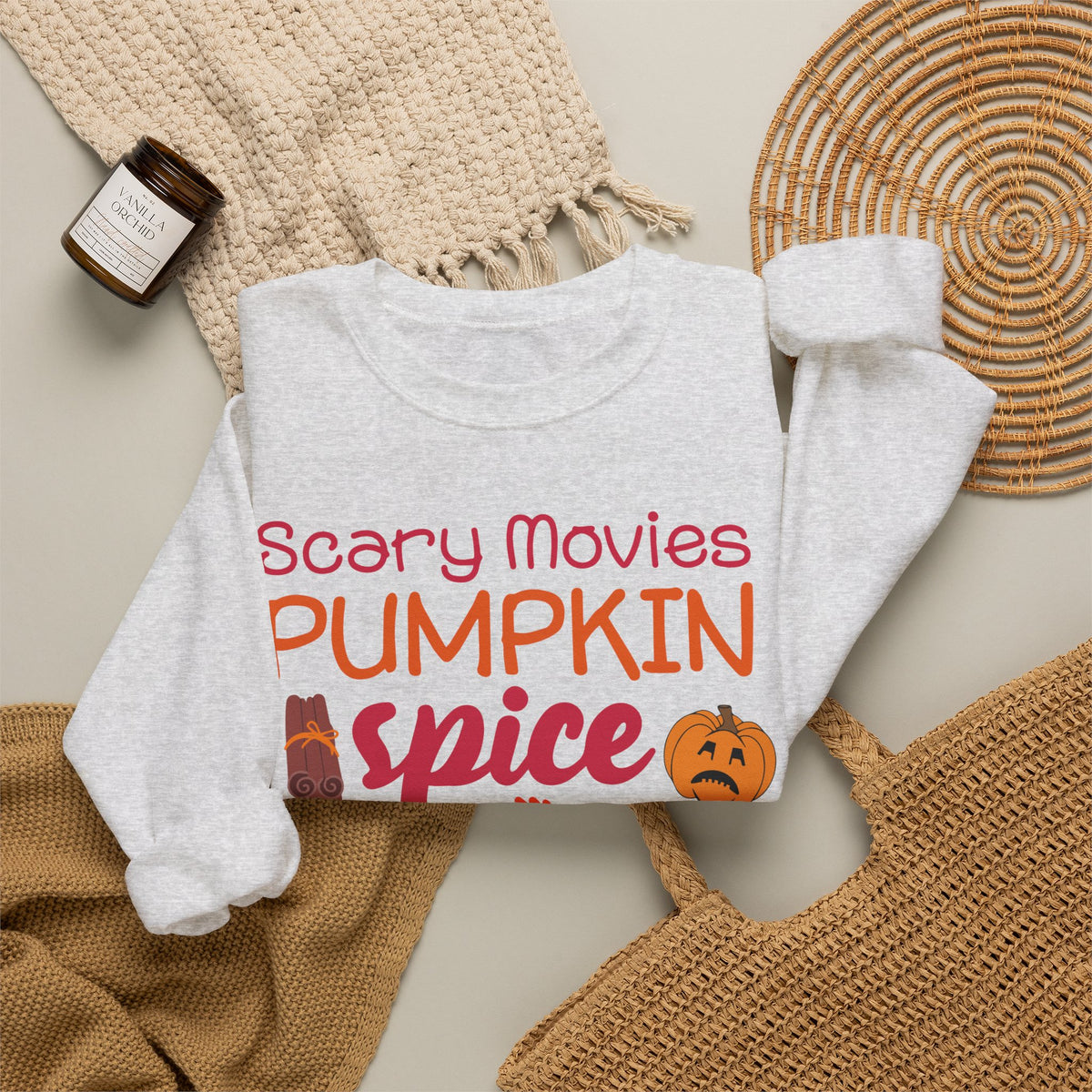 Fall Vibes Sweatshirt — "Scary Movies Pumpkin Spice Flannels Murders" Cozy Crewneck
