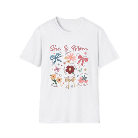 Christian T-Shirt for Moms, Floral 'She Is Mom' Unisex Softstyle T-Shirt – Perfect Gift for Mother's Day