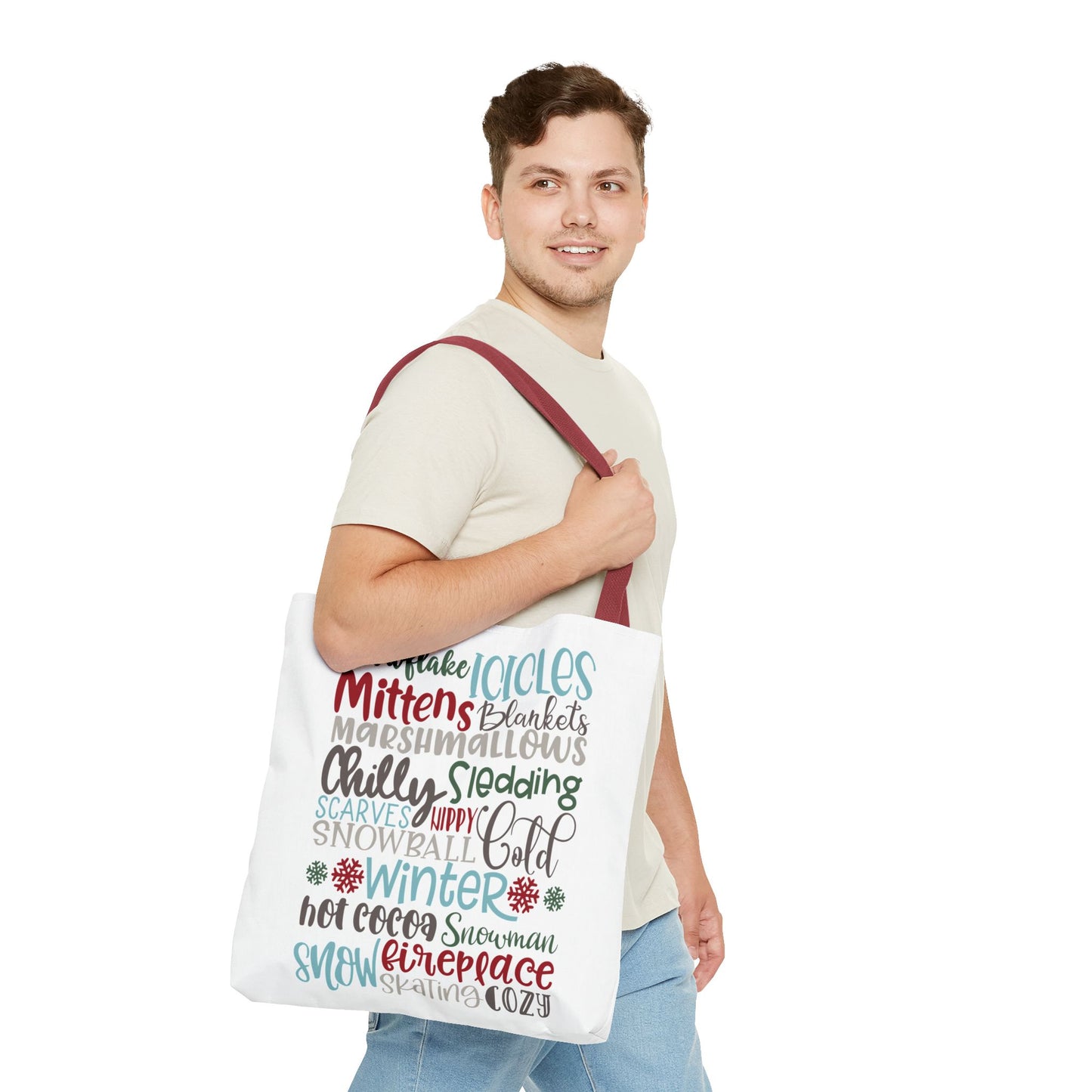 Winter Word Riot Tote Bag — Bold Typographic Holiday Tote
